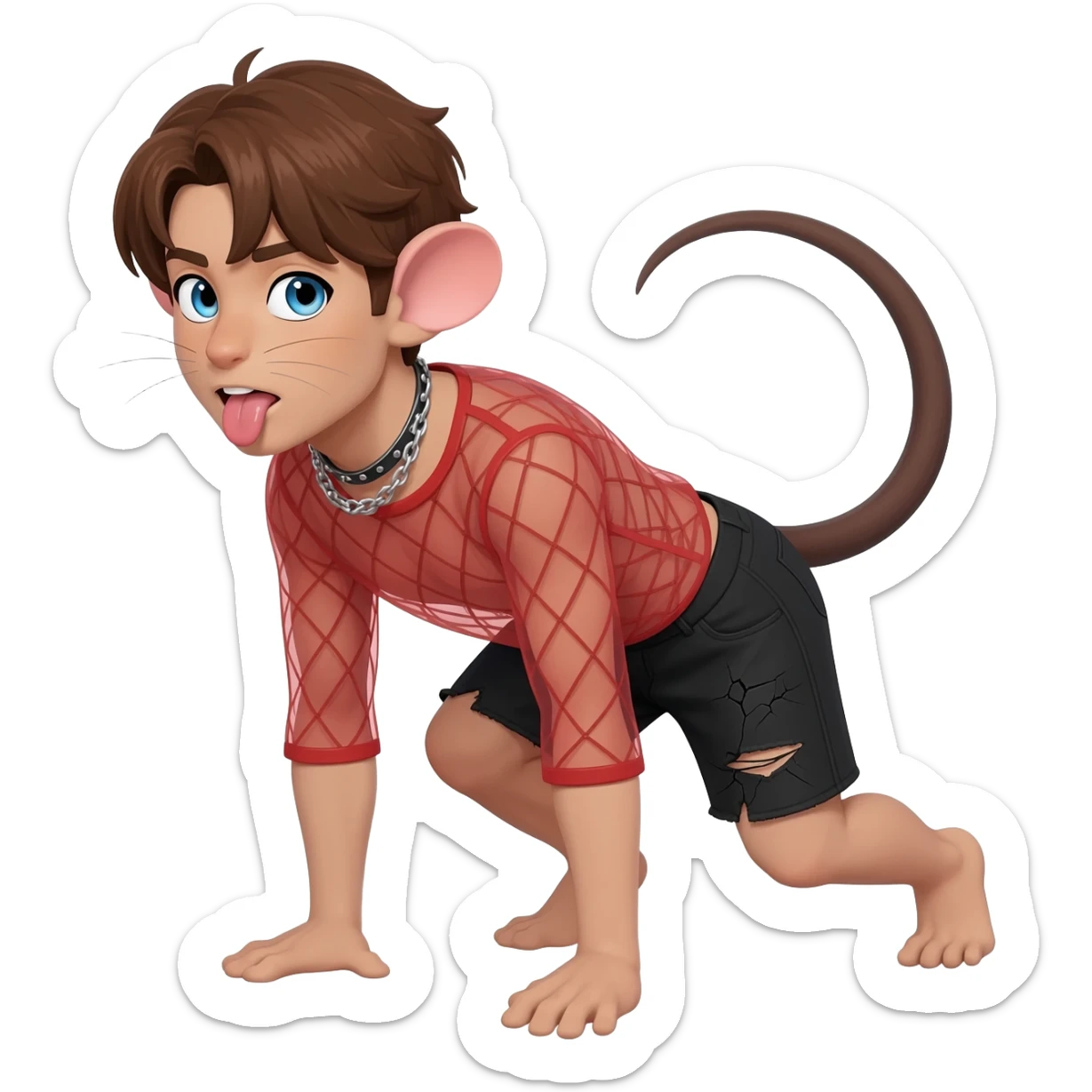 slim man with brown curry hairs and blue eyes with rat ears and rat tail in red transparent net top and black torn shorts is standing on the fours with his tongue out and wearing a leashed collar sticker