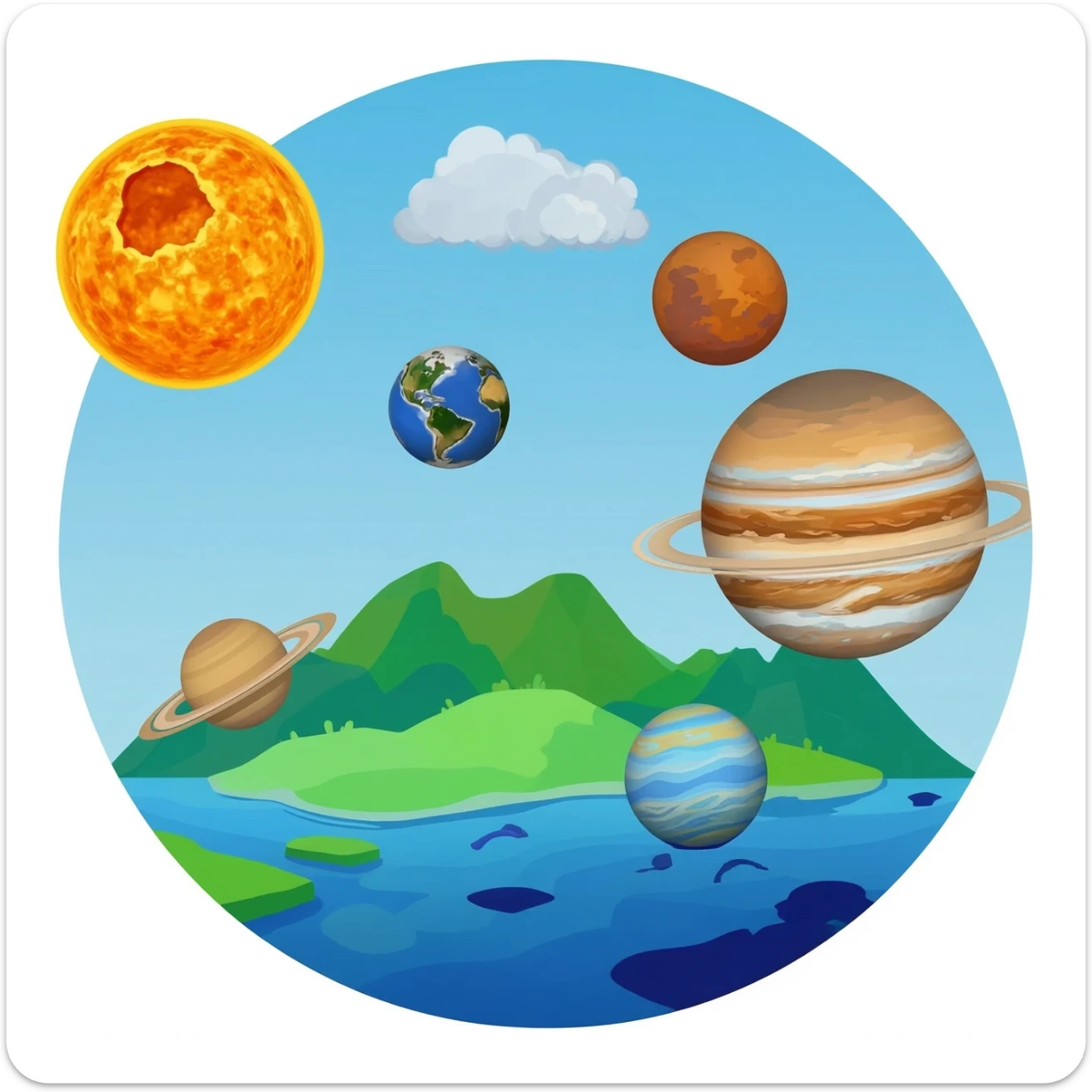 The solar system with the sun hot cratered mercury hot cloud covered Venus earth red dusty mars large gassy Jupiter ringed Saturn tilted blue planet with rings Uranus and blue stormy neptune sticker