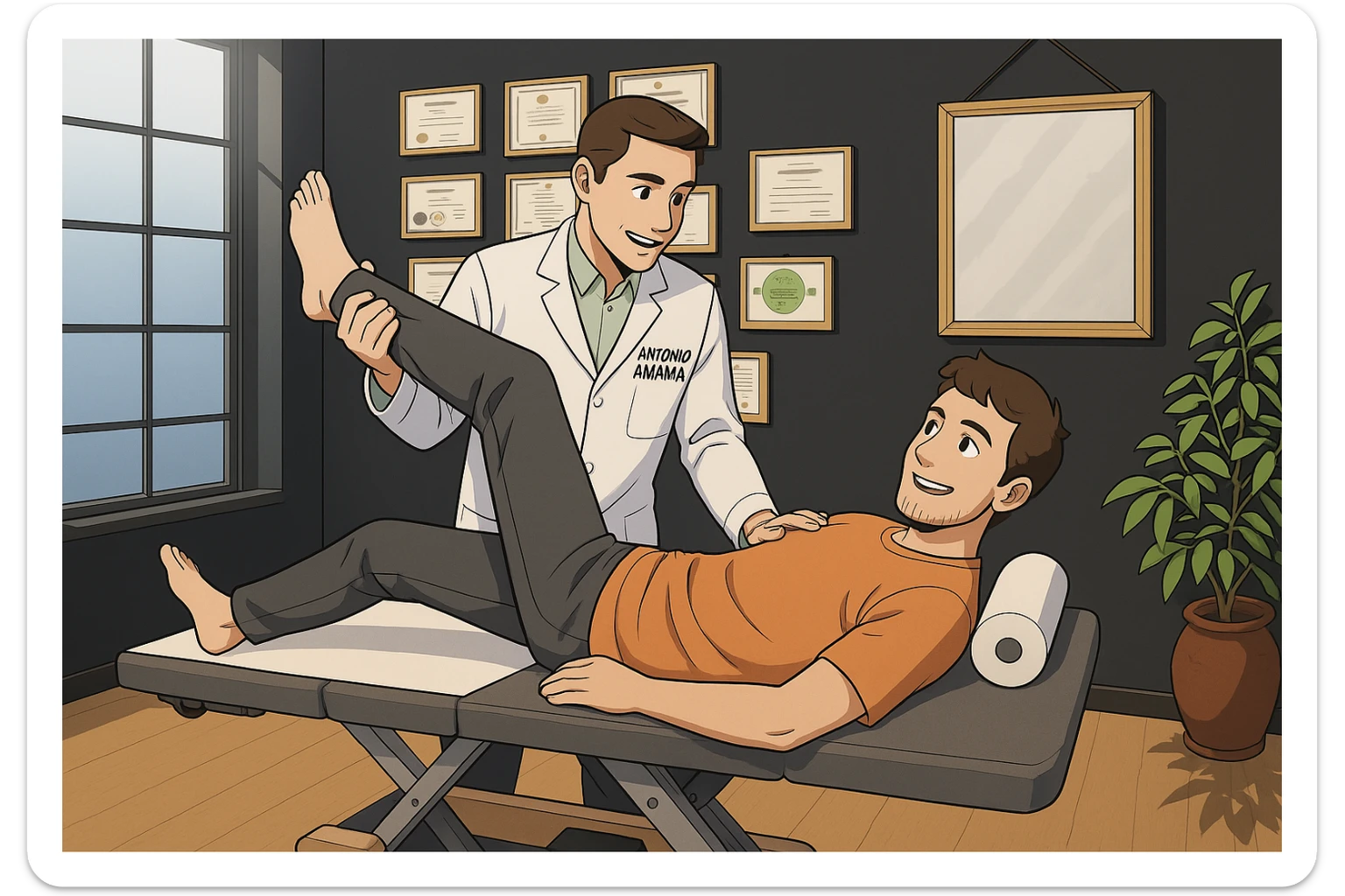 su questo lettino rappresenta un webtoon manga a colori con questo stile, in cui un uomo è steso sul lettino medico e il kinesiologo con il camice bianco (fagli anche la scritta "ANTONIO ANANIA" SUL CAMICE, gli solleva una gamba per fargli il test neuromuscolare, IL KINESIOLOGO SPIEGA ALL'UOMO UNA cosa mentre gli alza la gamba. l'espressione dell'uomo è felice e soddisfatta, non fare i fumetti però, fai solo in modo che sembri stiano parlando sticker