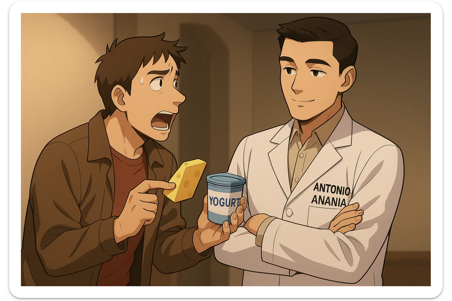 fai un webtoon manga a colori con questo stile, in cui un uomo fa una domanda al kinesiologo con il camice bianco (fagli anche la scritta "ANTONIO ANANIA" SUL CAMICE, l'uomo chiede una cosa mostrando un formaggio e uno yogurt al kinesiologo con il camice, IL KINESIOLOGO annuisce e SPIEGA ALL'UOMO UNA cos. L'UOMO ha un ESPRESSIONE CONFUSA IN VOLTO. non fare i fumetti però, fai solo in modo che sembri stiano parlando sticker