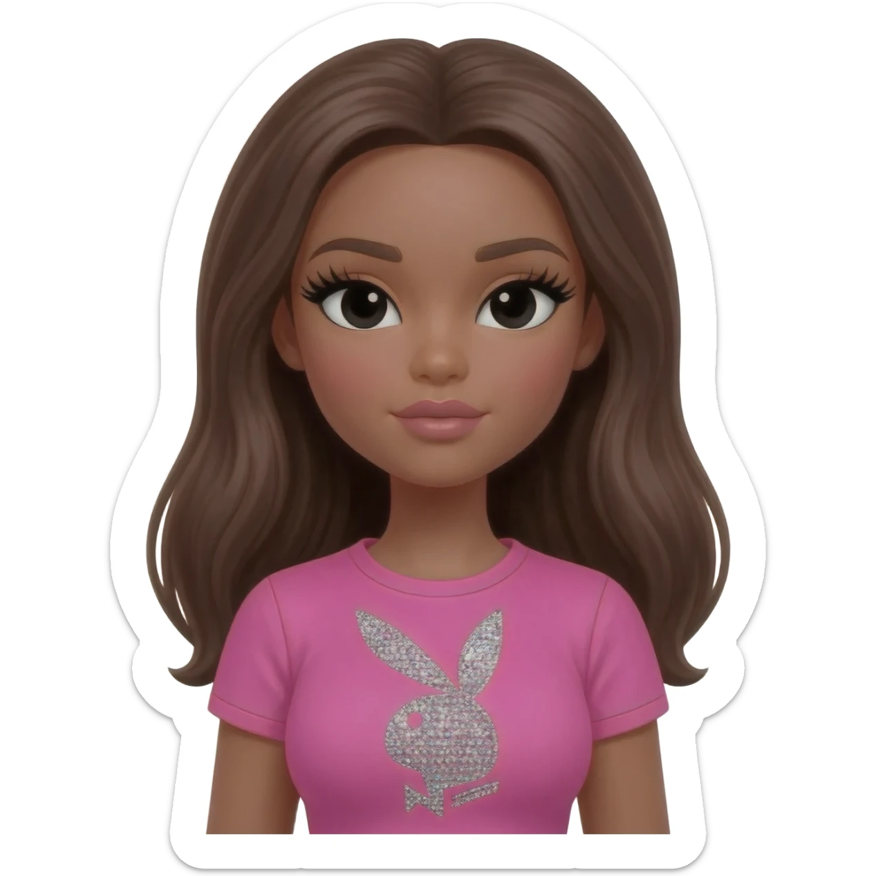 doll body , dark brown eyebrows, dark skin girl,Long giant lashes, bimbo, black doll eyes, barbie, dark brown skin, with brown hair, big breast, pink 2000s t shirt says on the sparkling playboy logo sticker