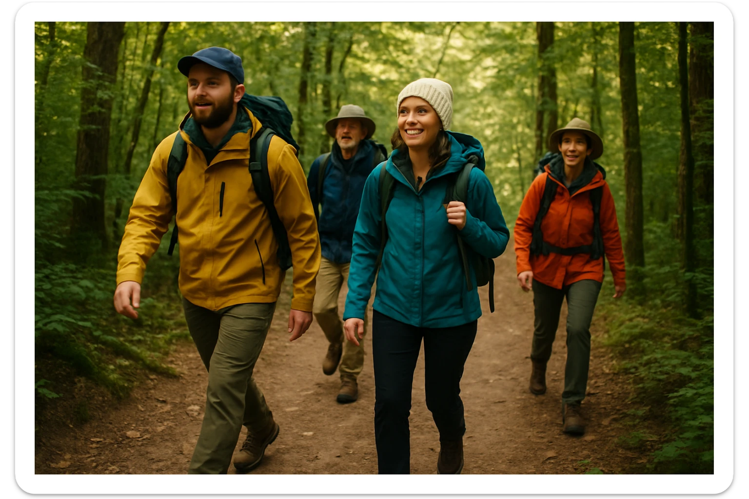 a group of gentlemen and ladies hiking, all in outdoor clothing, on a forest trail sticker