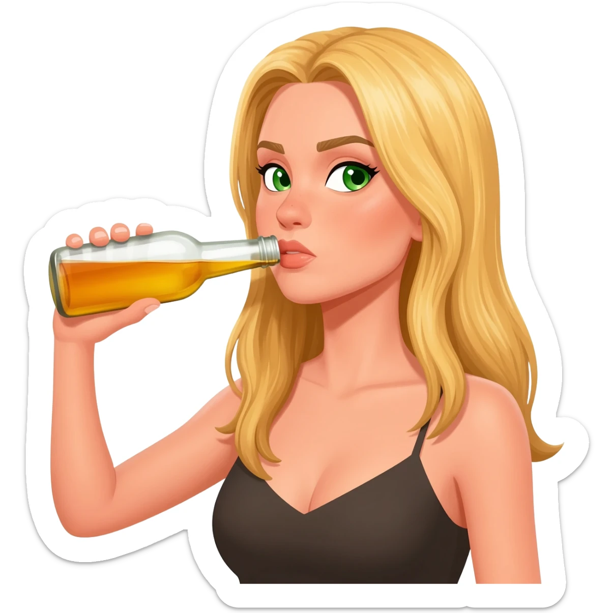 She looked like a top model, with long blonde hair and green eyes. She is being drunk by holding a bottle and rude sticker
