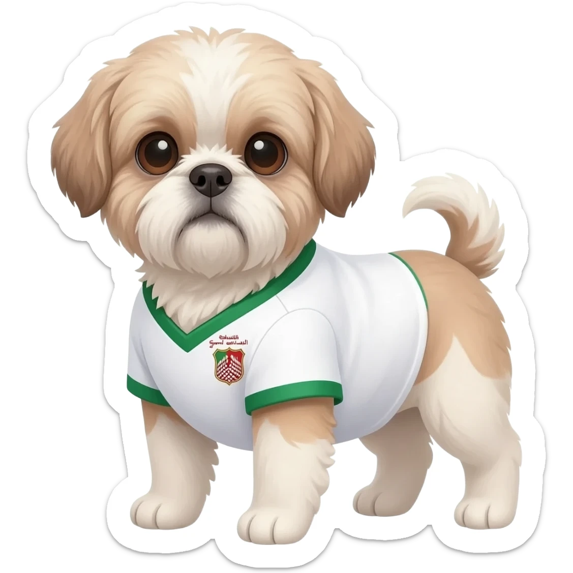 white and light brown shih zhu wearing a South Arabia soccer jersey v neck 2026 work cup sticker