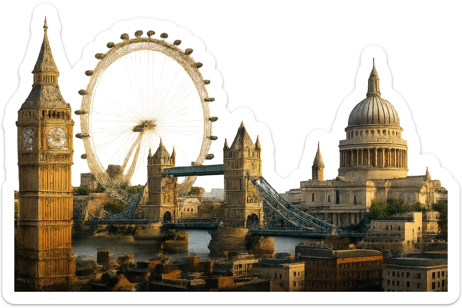 cinematic realistic emoji of London skyline featuring iconic landmarks Big Ben, London Eye, Tower Bridge, St. Paul's Cathedral, lifelike detail, accurate colors, bright lighting, wide city view, no sky, fully transparent background sticker