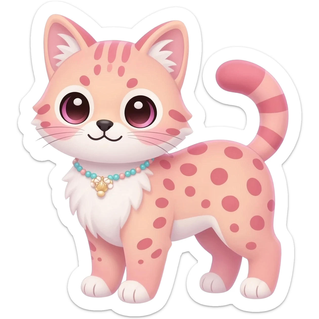 Whitish colorful pastel-rosy-pink cute elegant furry kawaii Serval, full body, with a cute pretty necklace  sticker