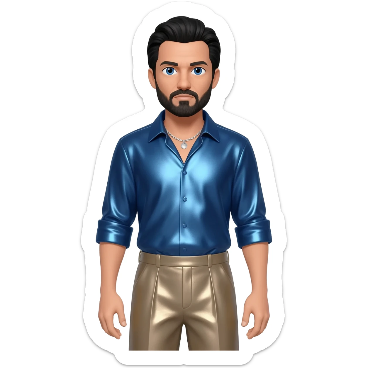 Oliver Reed with blue eyes, black hair and short beard, steel blue metallic shirt, taupe metallic baggy pants, silver necklace sticker