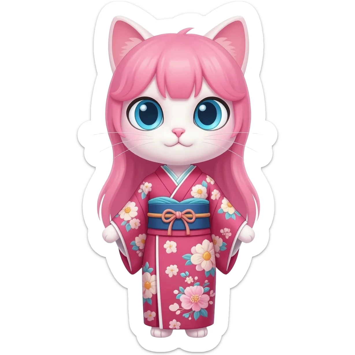 pink hair, blue sky eyes, she's a cat, and wears a traditional japanese clothes. sticker