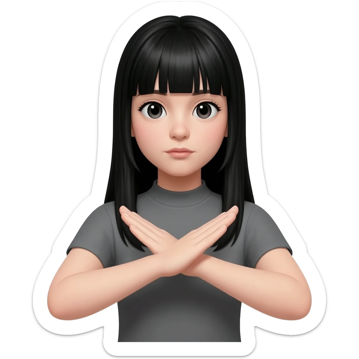 girl with straight black hair and bangs arms saying no sticker