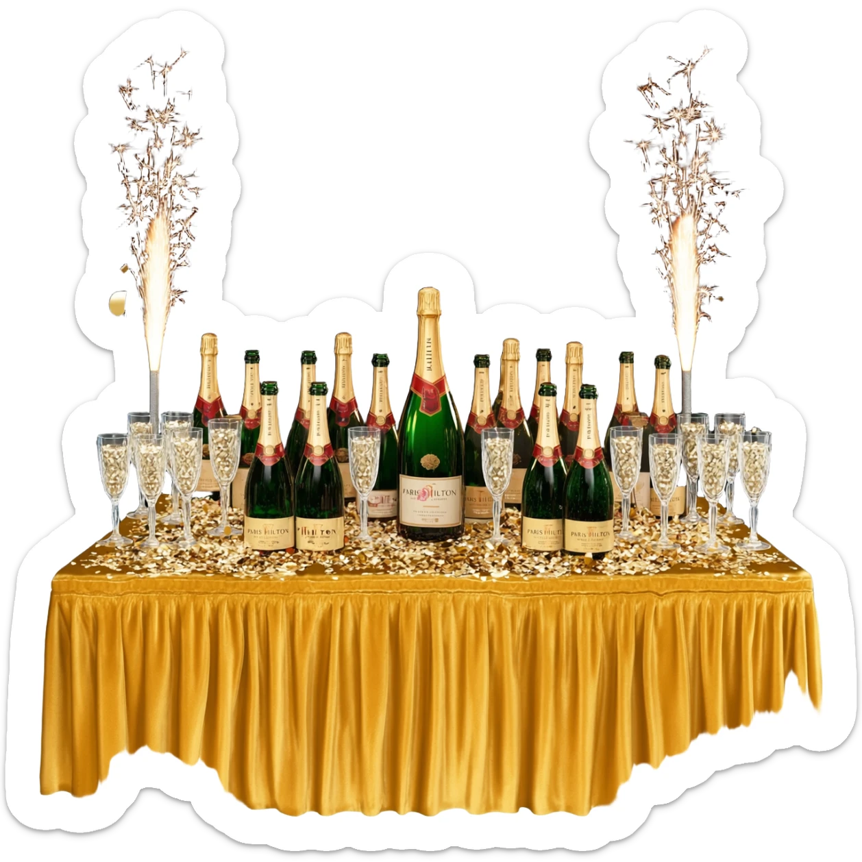 a table with dozens of magnum bottles, sparklers, and Paris Hilton sticker