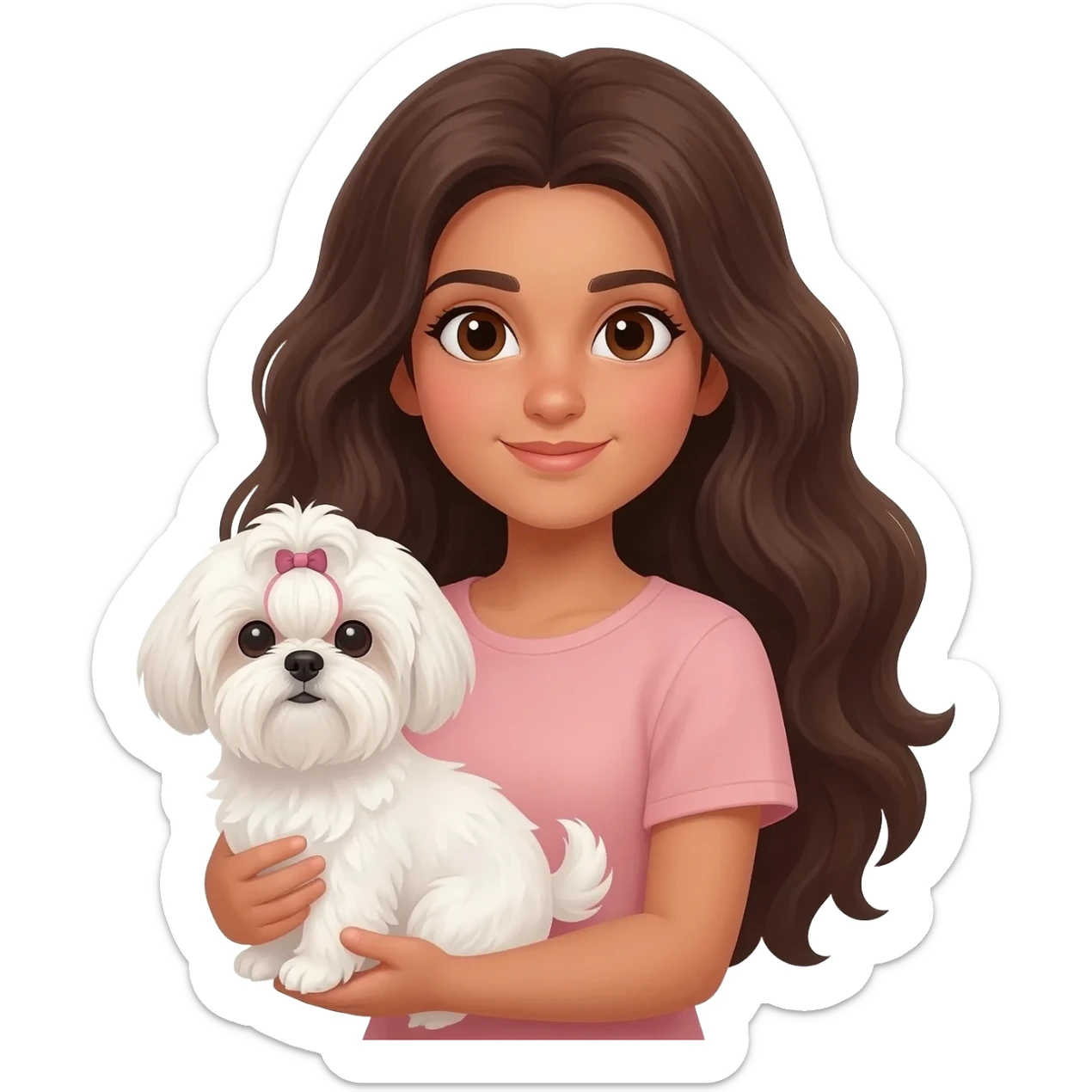Tanned middle eastern Brunette girl with long thick hair holding white shih tzu sticker