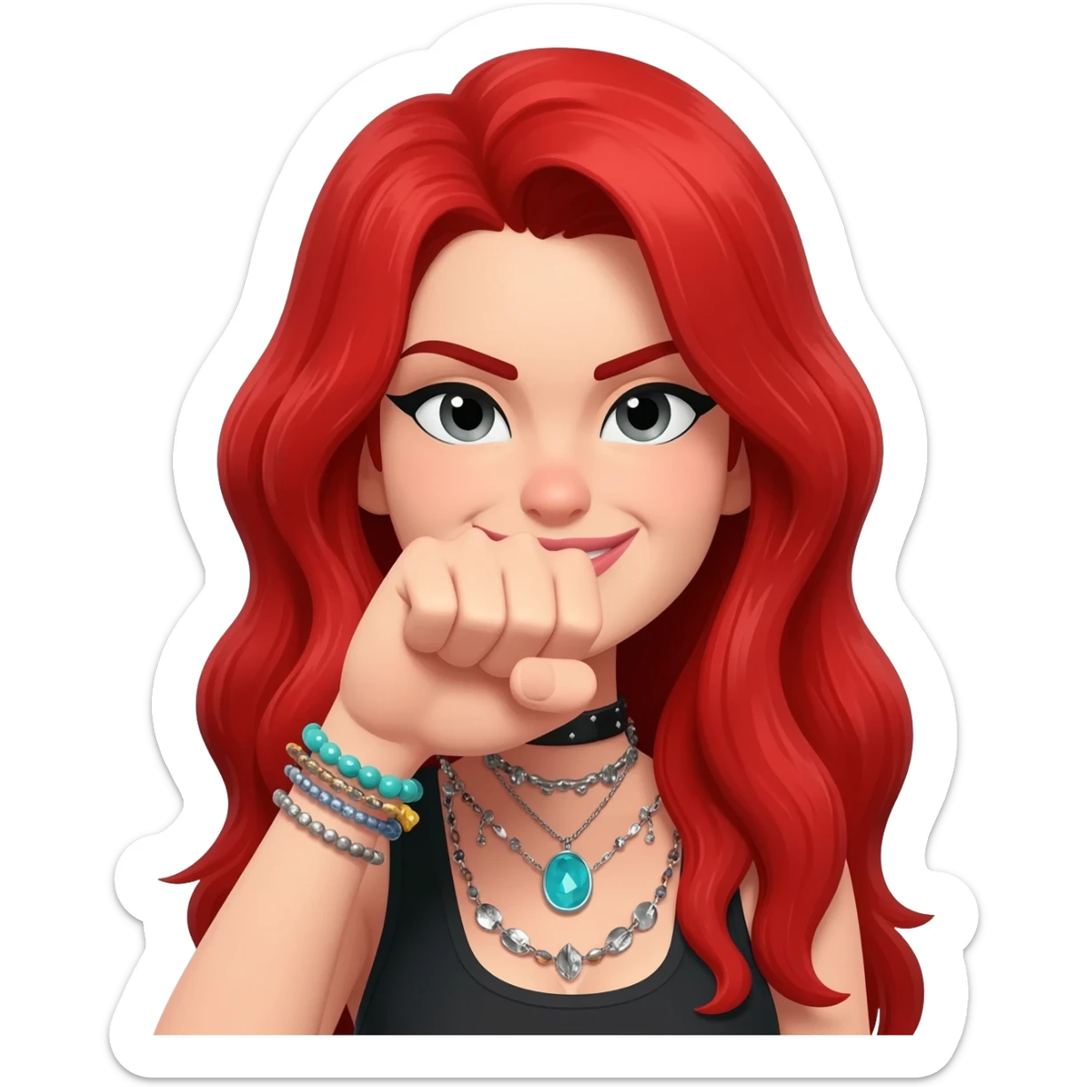 Not showing finger but fist on mouth and blowed mouth....she is red hair and tacky jewellery and cool....the hand is on her mouth and she is smirking and long hair sticker