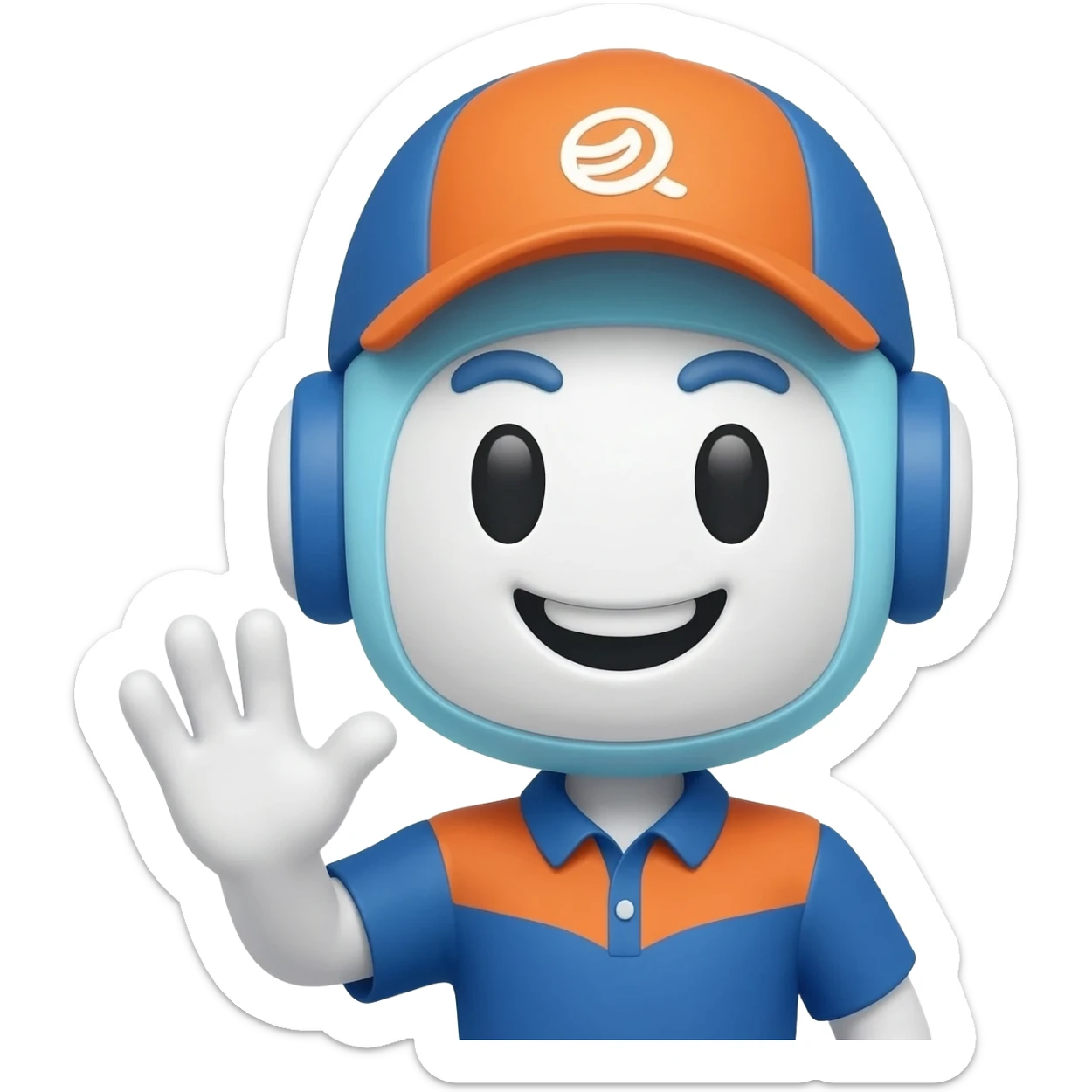 friendly logistics mascot waving hello to customer, inspired by ACPL Cargo company, cute chatbot emoji, blue and orange brand colors sticker