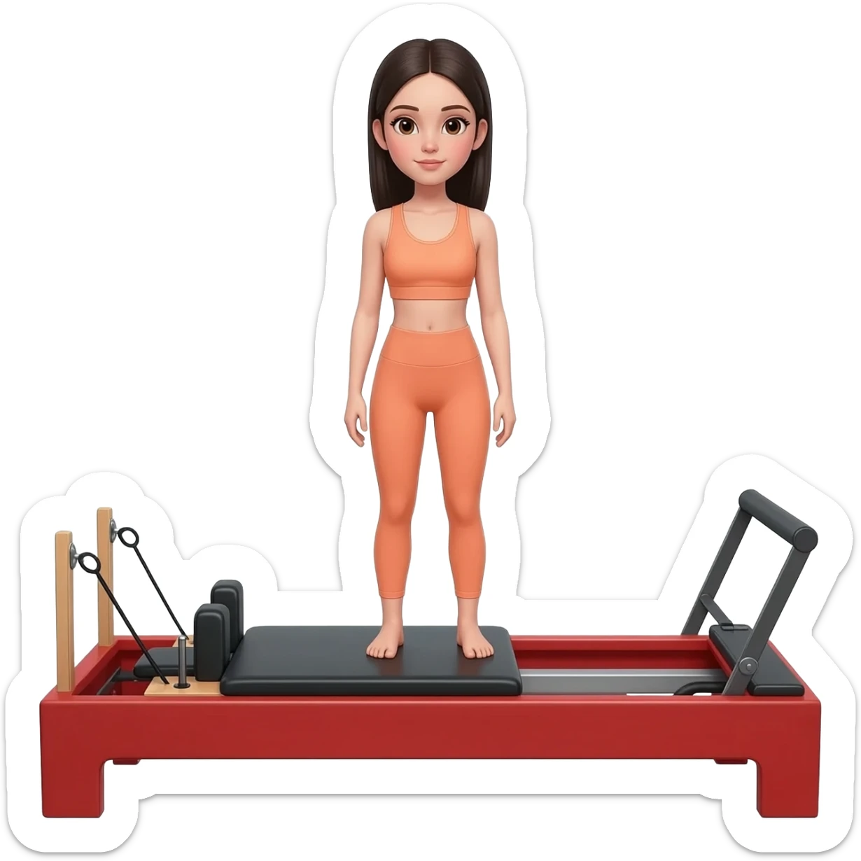 A girl rock brats down doing reformer Pilates, she is wearing a pastel orange fit and she has dark straight and monster high toraley sticker