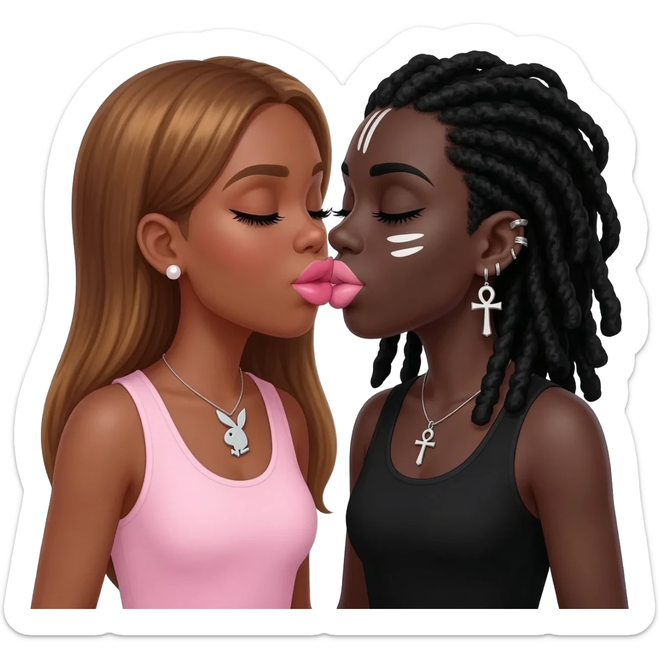 (Bimbo, pearl earrings stud, Light pink cute lips, long middle part with long honey brown hair, dark brown skin, playboy necklace with lashes, light pink sleeveless shirt, kissing the goth black girl with brown skin, cross earrings, ankh necklace with black dreadlocks with white paint on face sticker