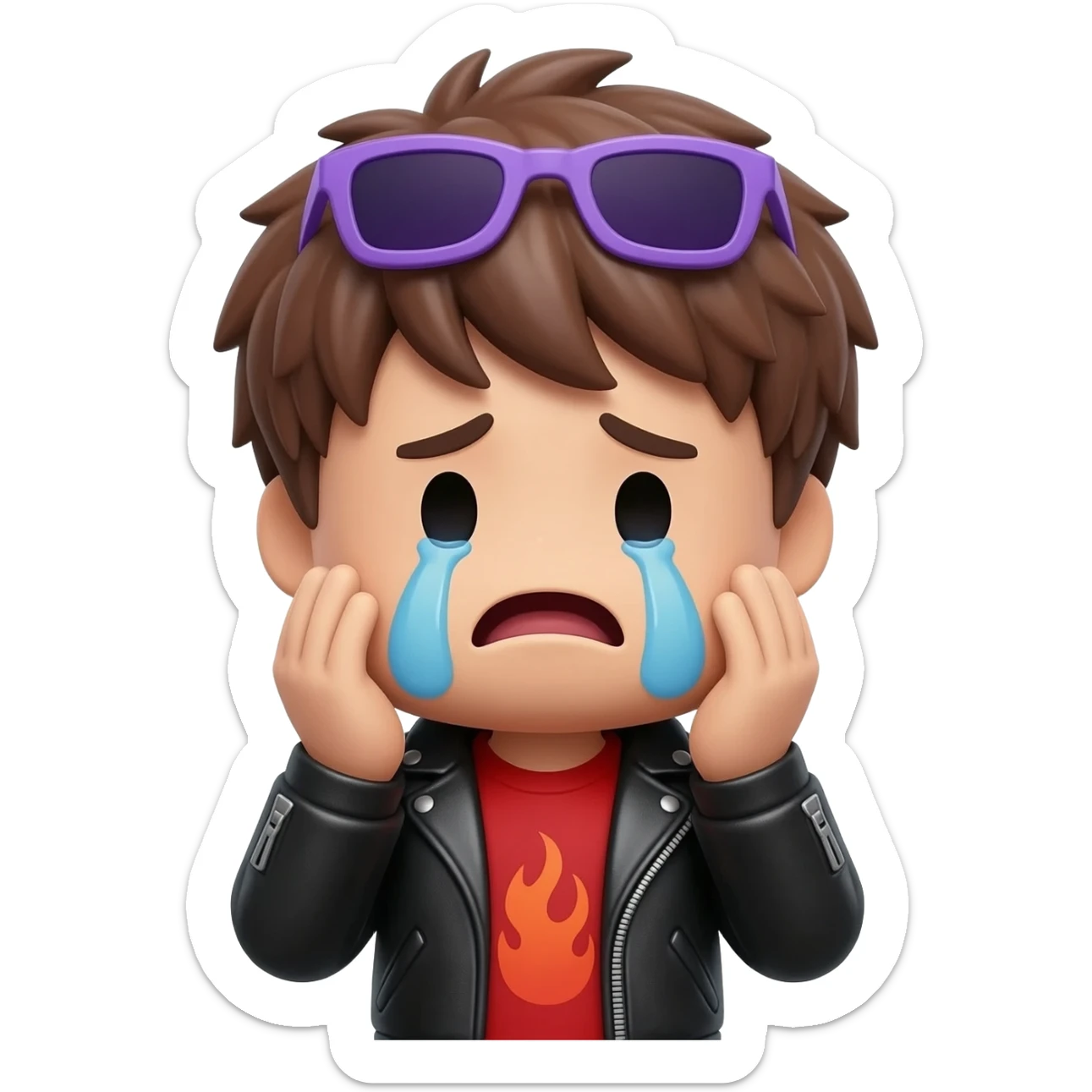 Crying Roblox boy avatar emoji, brown hair, purple sunglasses, black leather jacket, red shirt with flame design, gray jeans, sad expression, big tears coming from eyes, mouth slightly open, emotional pose with hands near face, cute 3D cartoon style, gaming emoji style, soft lighting sticker