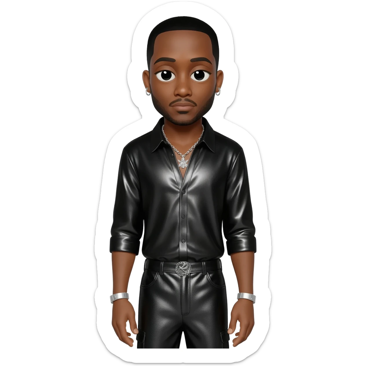 Timbaland with black hair, black metallic shirt, black metallic baggy pants, silver necklace sticker