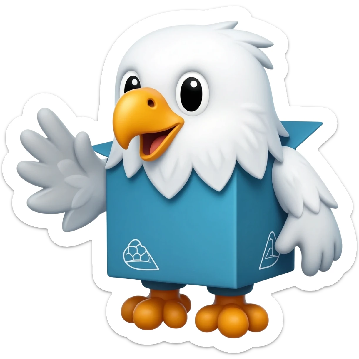 cute eagle-inspired delivery box mascot waving hello, friendly logistics chatbot emoji, blue and orange colors, minimal flat emoji style, white background sticker