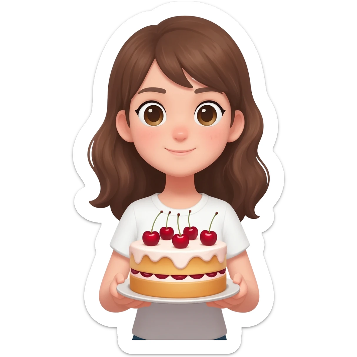 Girl holding cherry cake sticker