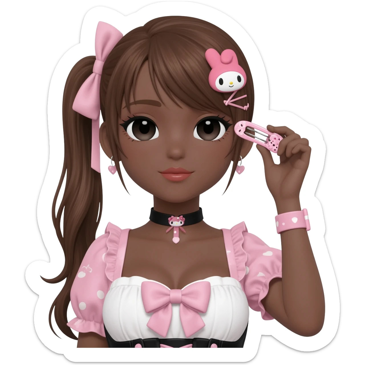 Gyaru makeup, my melody hairclip, cutecore, doll eyes, Doll, big chest, dark brown skin, with half up half down brown hair,  black cute eyes, cute lips with Gyaru outfit sticker