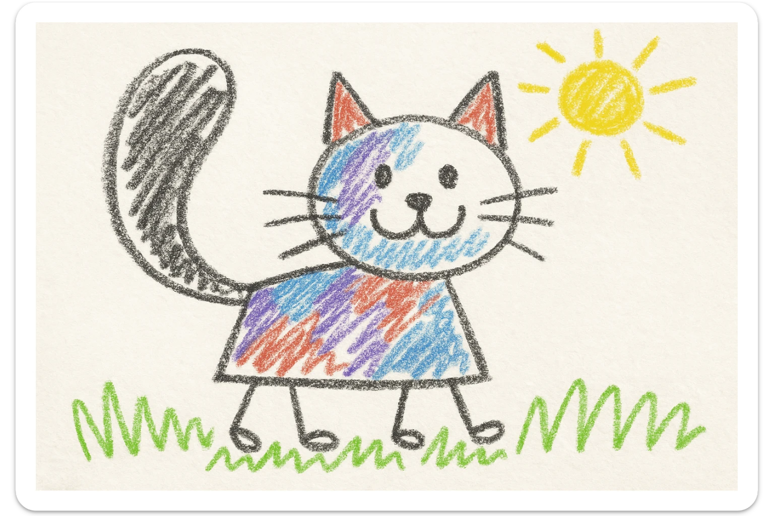 a playful cat with a big tail, children's doodle style sticker