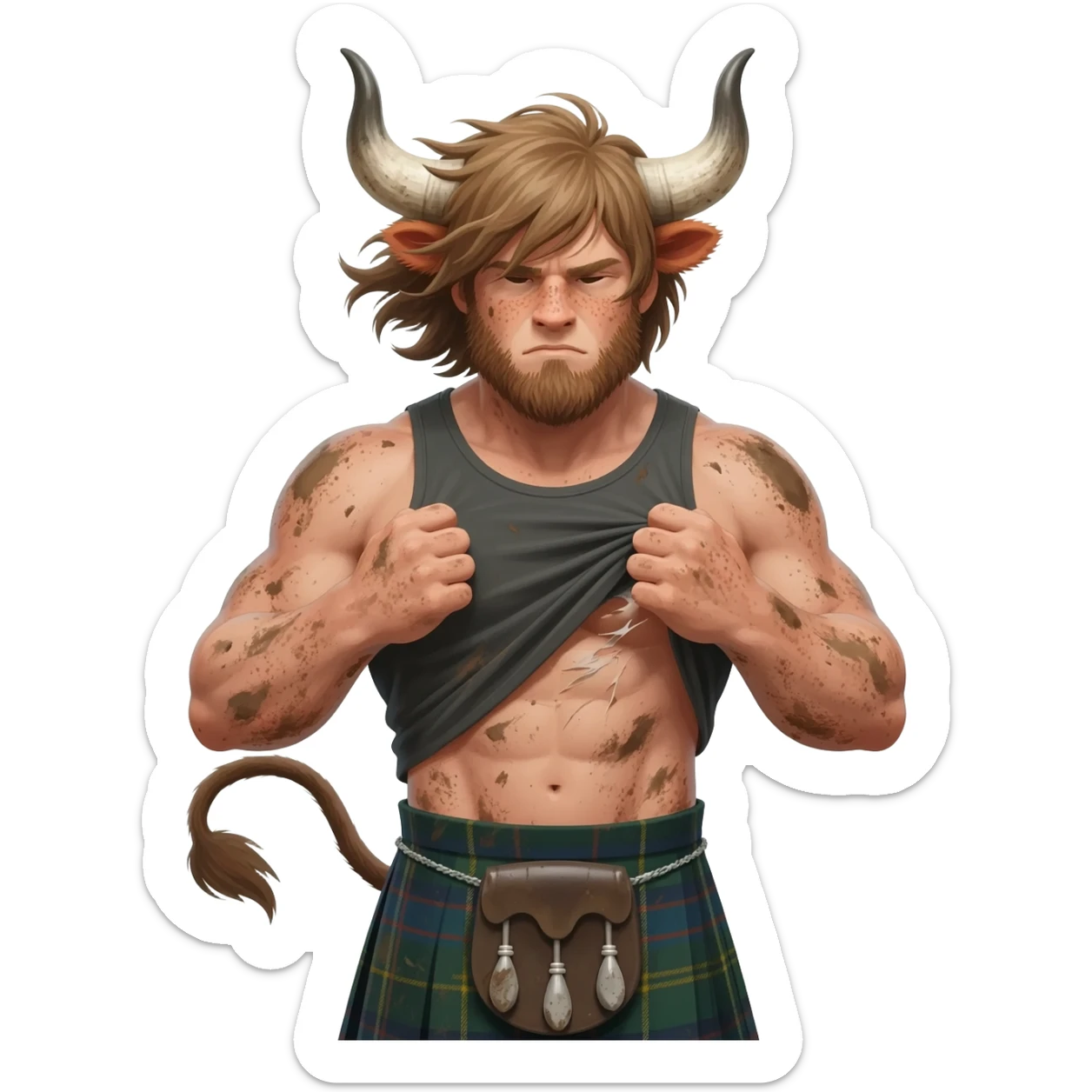 big buff curly hairy man covered in dirt with freckles with messy light brown bangs that covers his face completely with bull horns and bull ears and bull tail dressed in kilt rips his T-shirt apart with wind in his hair sticker