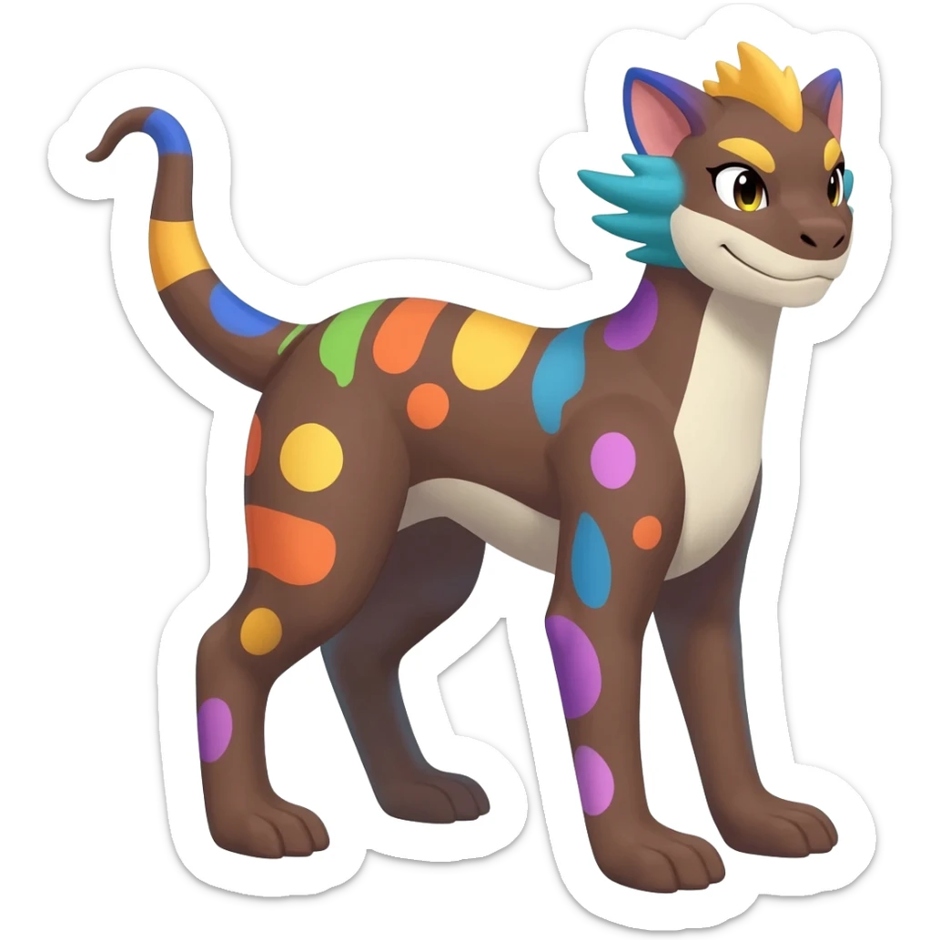 Rare realistic exotic edgy epic pretty beautiful handsome gorgeous aesthetic colorful vibrant Vernid-Trico-species-Fakemon-creature by LiLaiRa, 4 legs, 1 tail, random markings, (full body) sticker