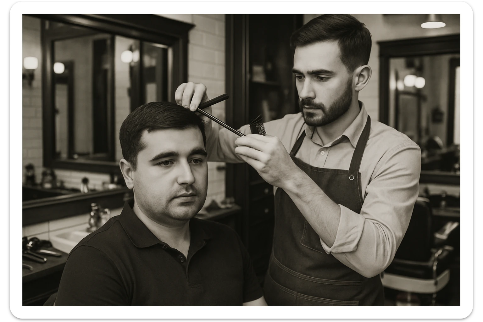 sartaroshxonada mijozlarni sochini olayotganin  tasvirlab ber juda yosh ham katta ham bo'lmasin semiz ham bo'lib ketmasin o'smirin davrini yuzi ko'rinmasin sticker