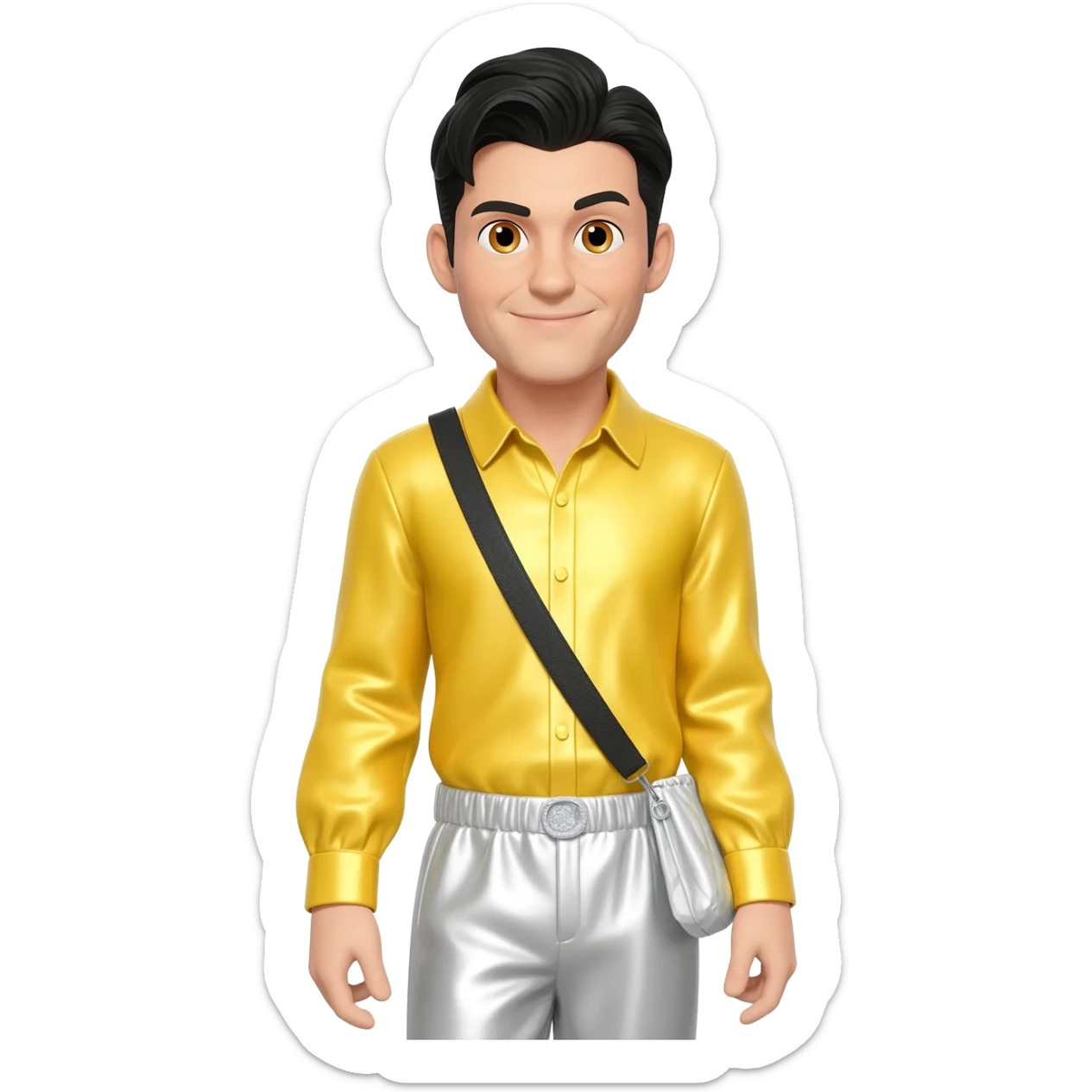 Greg Page from The Wiggles with hazel eyes, black hair, yellow metallic shirt, white metallic baggy pants s sticker