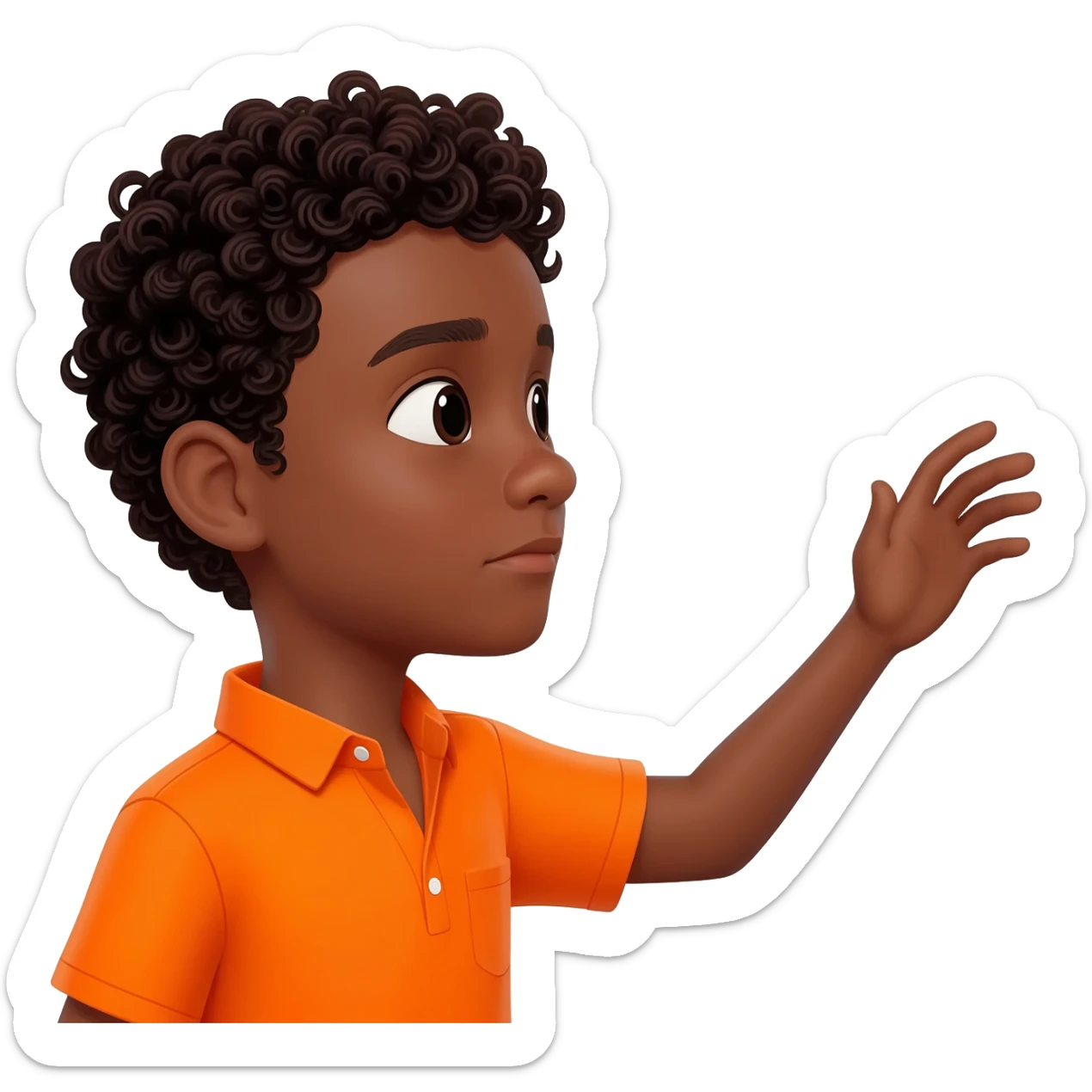 black boy curly hair orange shirt reaching for something sticker