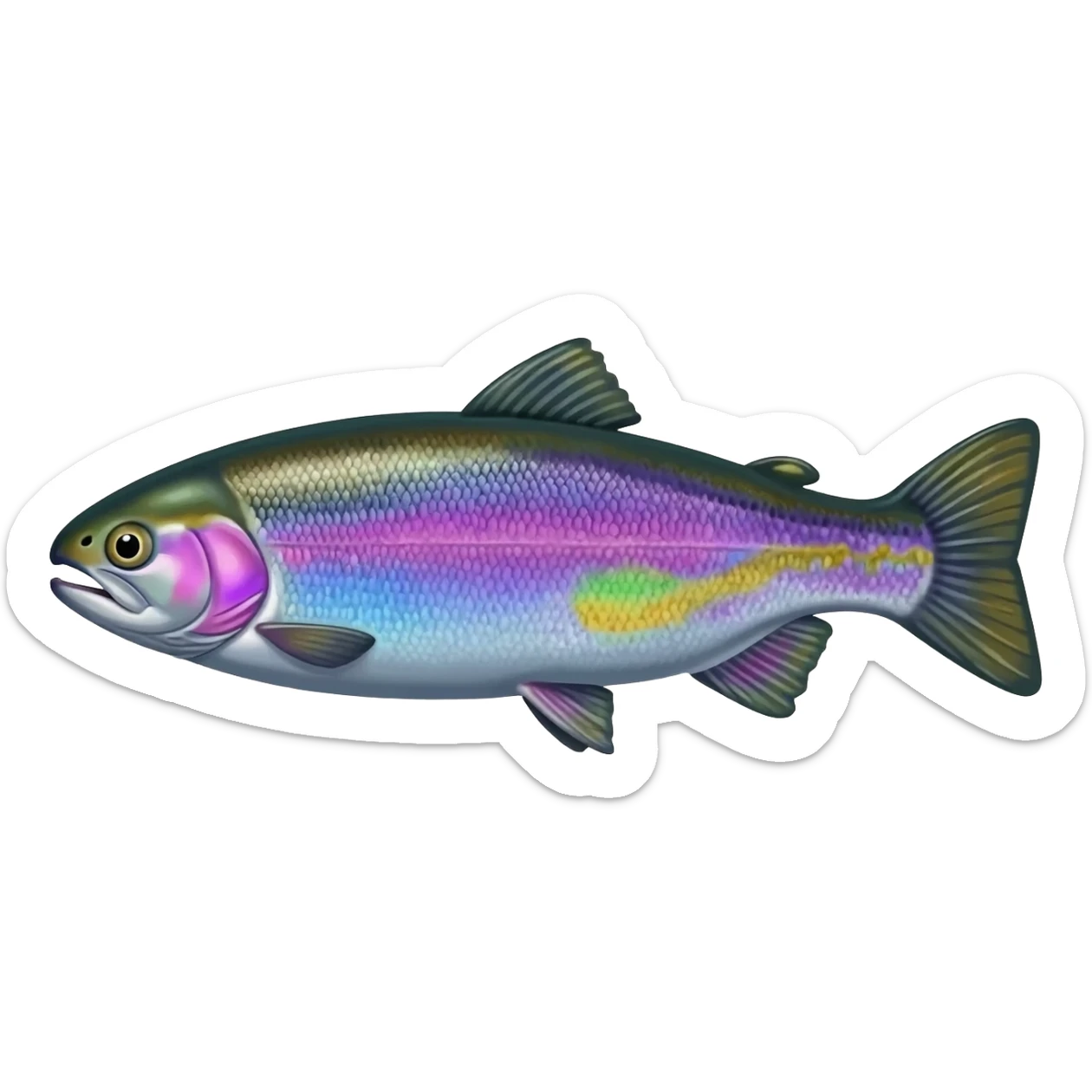 whole rainbow trout fish with spots facing left bright purple blue green yellow white sticker