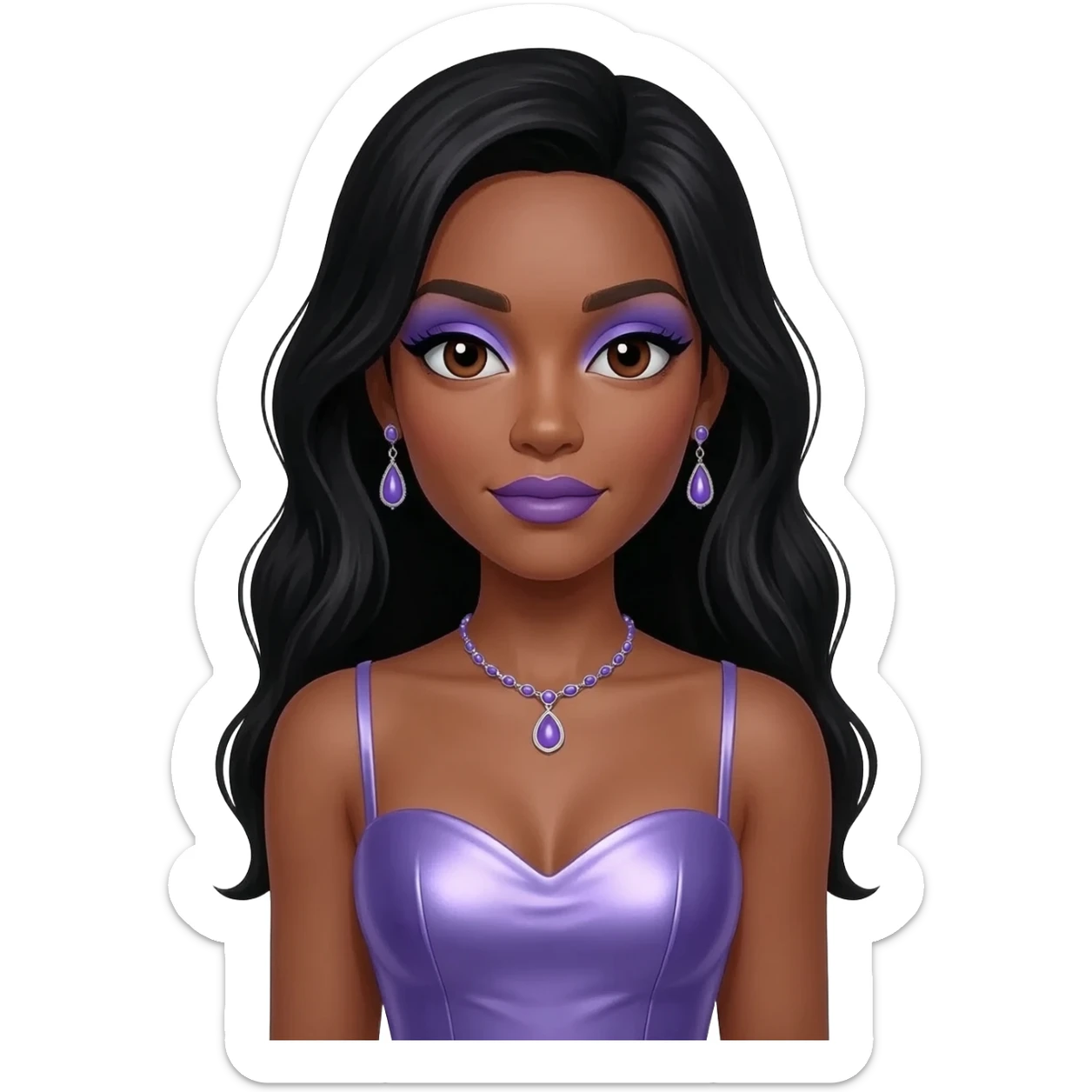 Solange with dark brown eyes, periwinkle eyeshadow and lipstick, long black hair, periwinkle metallic sweetheart dress, periwinkle necklace and earrings sticker