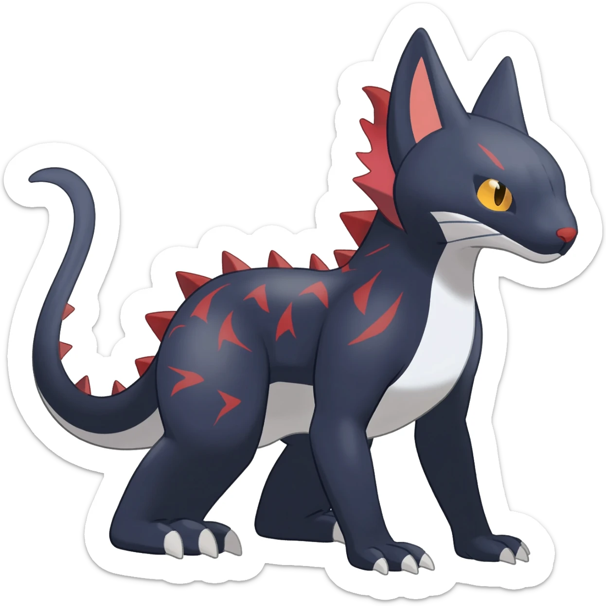 midnight blue-gray-black, with red markings, white belly, scaley Bastet-Noibat-Gatomon-Garchomp-Digimon-Fakémon-Pokémon-creature (full body) sticker