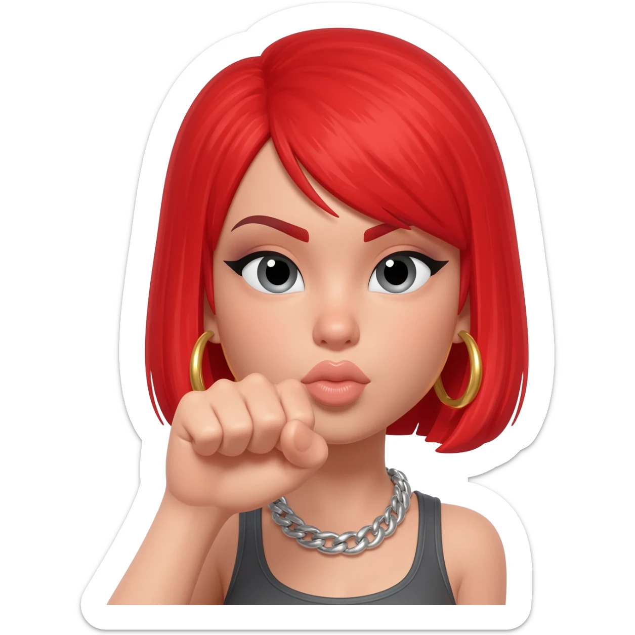 Not showing finger but fist on mouth and blowed mouth....she is red hair and tacky jewellery and cool sticker