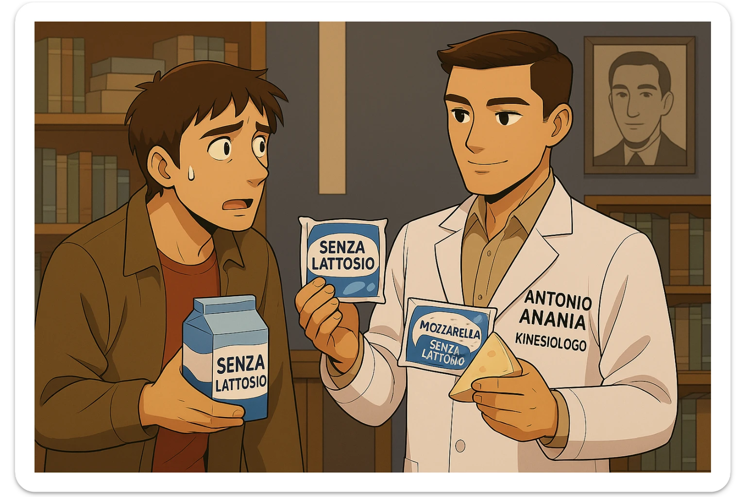 fai un webtoon manga a colori con questo stile, in cui un uomo ASCOLTA Il kinesiologo con il camice bianco (fagli anche la scritta "ANTONIO ANANIA" SUL CAMICE, IL KINESIOLOGO SPIEGA ALL'UOMO UNA MOSTRANDO VARI PRODOTTI DA SUPERMERCATO CONFEZIONATI (TIPO SCATOLA DI LATTE, MOZZARELLE CONFEZIONATE, FORMAGGIO CONFEZIONATO), OGNI CONFEZIONE HA LA SCRITTA "SENZA LATTOSIO SULL'ETICHETTA. L'UOMO OSSERVA IL KINESIOLOGO CON ESPRESSIONE CONFUSA IN VOLTO. non fare i fumetti però, fai solo in modo che sembri stiano parlando sticker