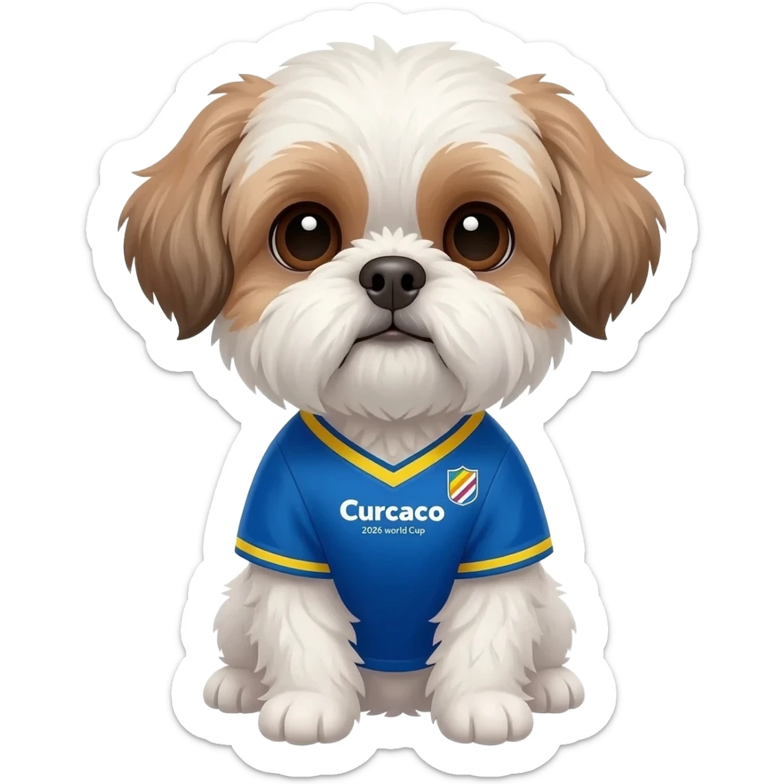 white and light brown shih zhu wearing a Curacao soccer jersey v neck 2026 work cup sticker