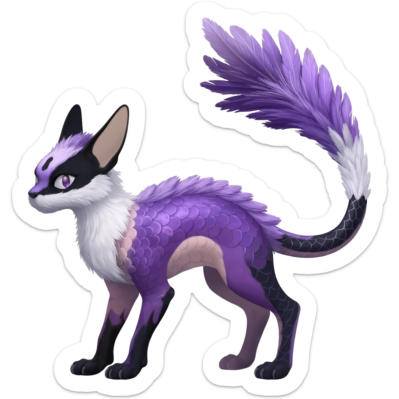 Furry, fluffy tropical flecked painted feathery scaly, Purple, white, black, Minccino-Sphynx-Lykoi-Linoone-Zangoose-fusion-hybrid-animal-Fakémon-creature, full body, thin long sleek scaly tail, intricate markings sticker