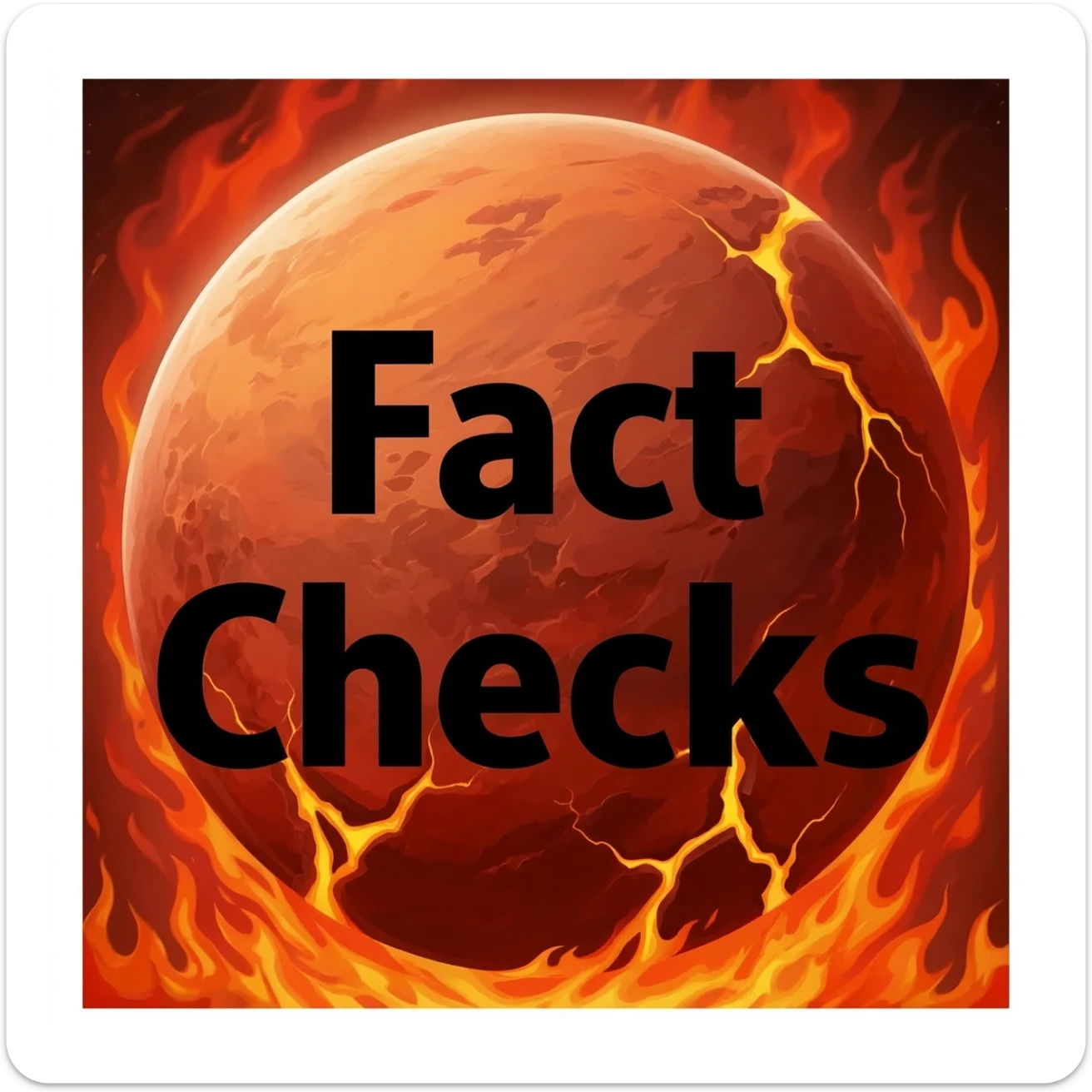 a red burning planet with "Fact Checks" written in black letters on it sticker