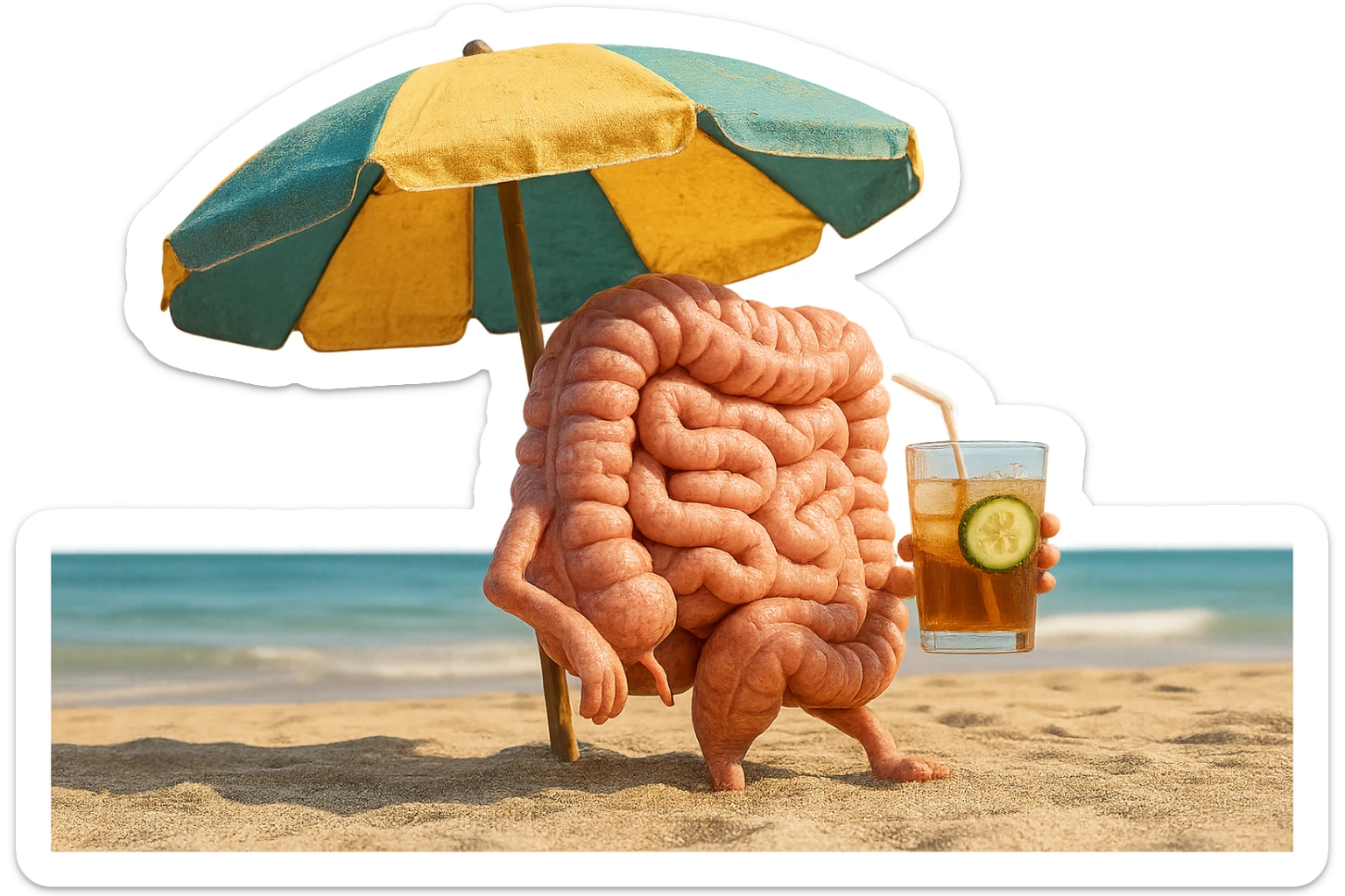 INTESTINO SEDUTO IN SPIAGGIA SOTTO L'OMBRELLONE MENTRE BEVE THè FREDDO CON CETRIOLO
IPERREALISTICO 4K sticker