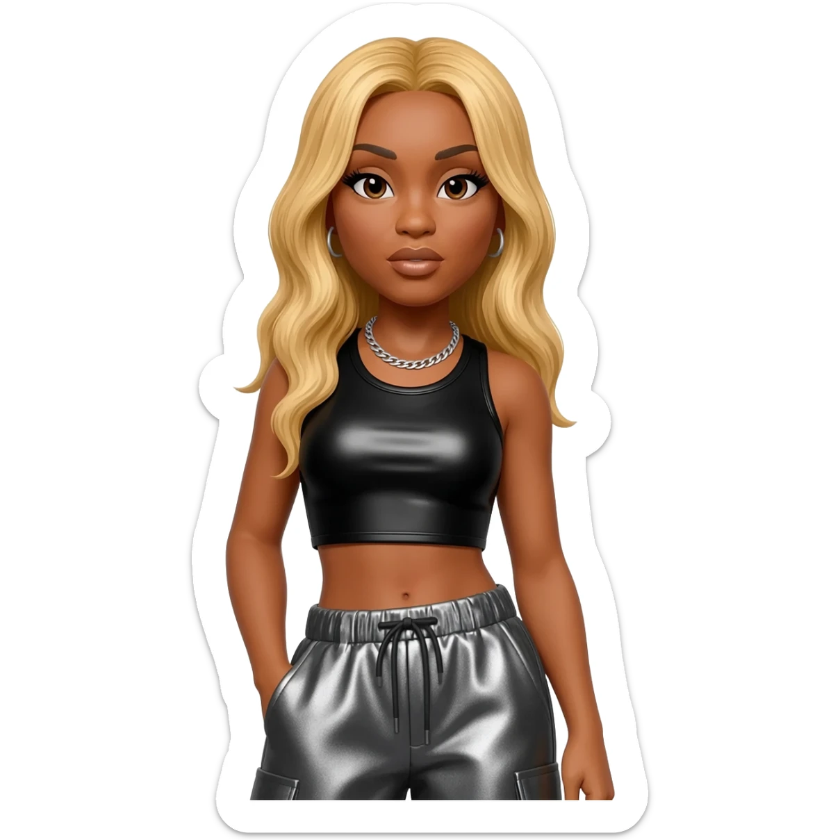 T- Boz from TLC with brown eyes, blonde hair, black metallic crop top, charcoal metallic baggy pants, silver necklace sticker