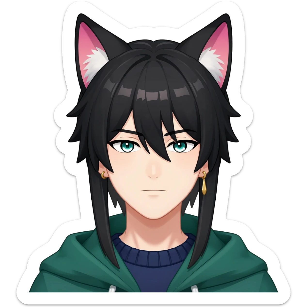 Tighnari from Genshin Impact; anime man with long-straight-dark-black hair, long black fox ears with pink Scapha, colorful-gradient-brown-turquoise eyes, gold earring, dark-blue-sweater, green cape, white pupils sticker