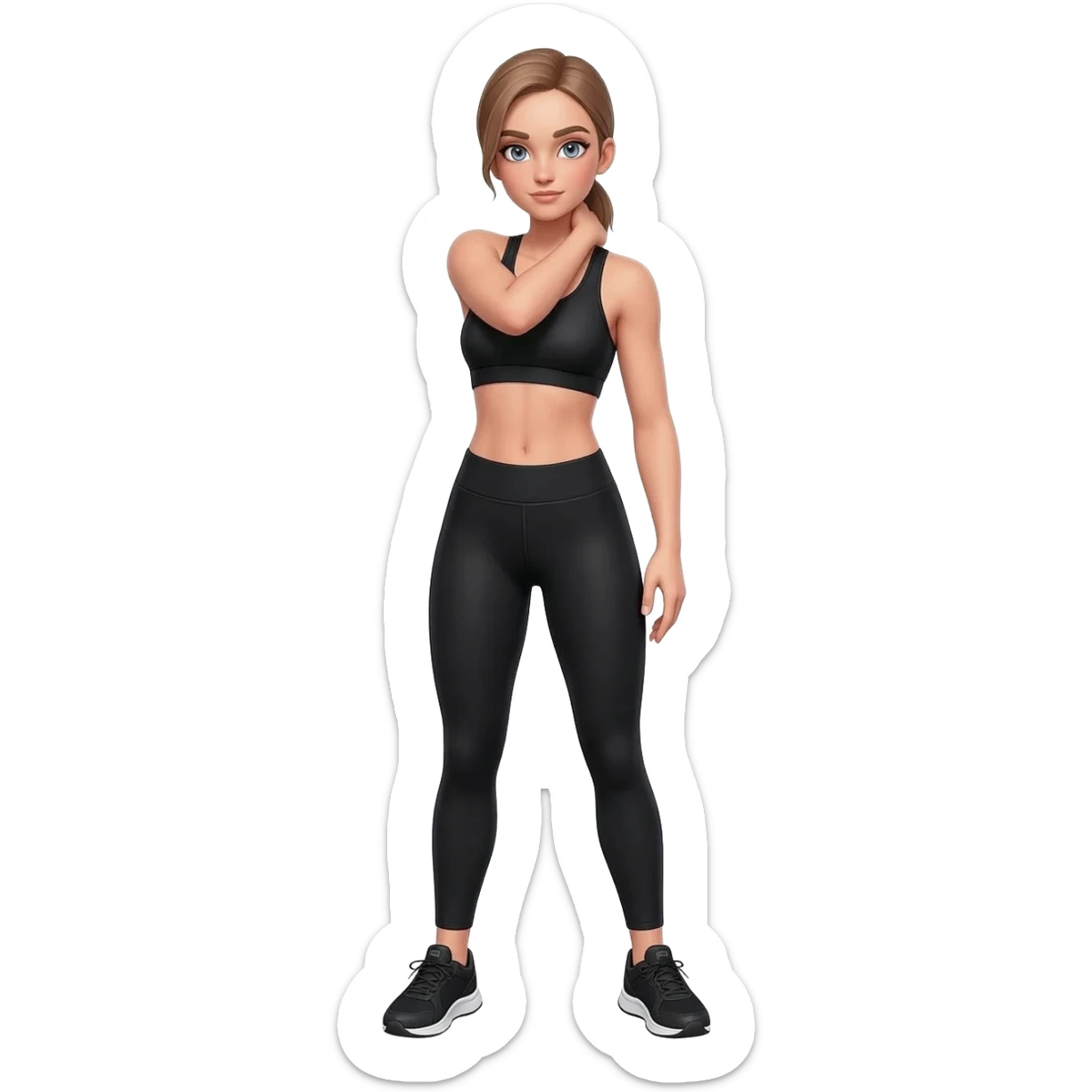 hand on neck, shoulder release pose, fair-skinned woman, gray-blue eyes, ash brown brows, ash light brown hair tied back, slim athletic body, black workout set, black sneakers with white soles sticker