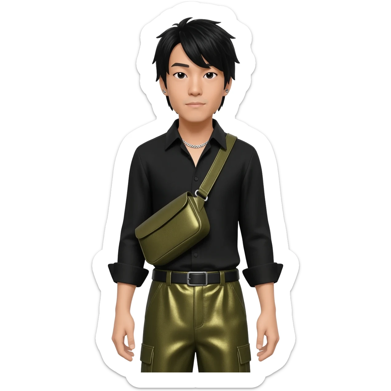 Mike Shinoda with black hair, black shirt, olive metallic baggy pants, silver necklace sticker