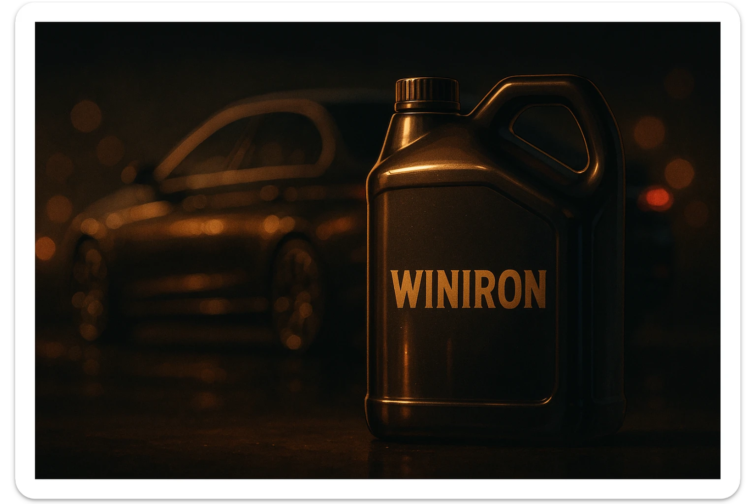 a premium dark moody automotive scene. A Winiron motor oil container stands in the foreground, illuminated by soft golden rim light. Background is a luxury car silhouette with warm reflections, blurred bokeh lights, and deep shadows. Add subtle metallic shine, glossy highlights on the container. Composition should feel cinematic, expensive, and powerful. No text, no distortions, keep the Winiron logo original. sticker