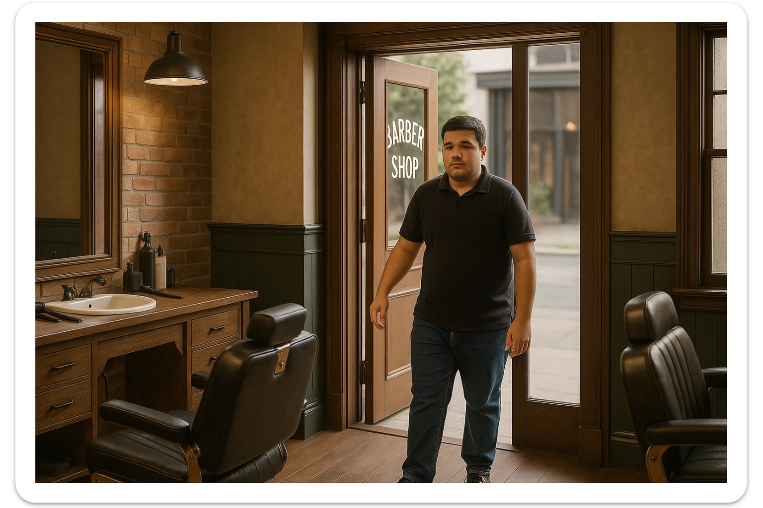 Shu odamni sartaroshxonaga kirib kelayapti  o'smirin davri rakurs ichkaridan sartaroshxona eski ham yangi ham emas bolani juda semiz qilib yuborma  u huddi sartaroshxonani  hammadan oldin kelib ochsinshu kadrni 2ta3ta rakursdan yarat sticker