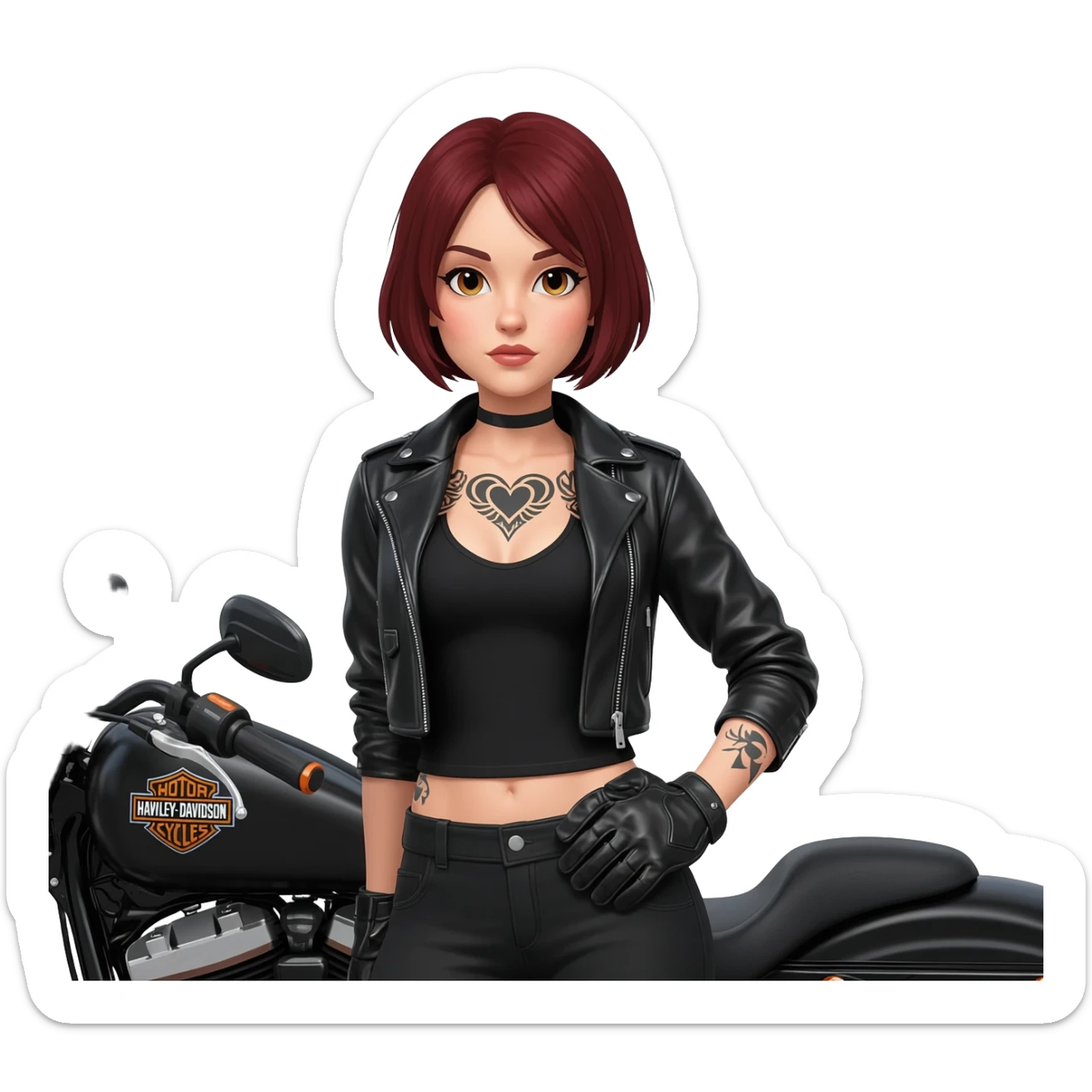 A female Harley rider with short mahogany-coloured hair, dressed in biker gear, with a heart sticker