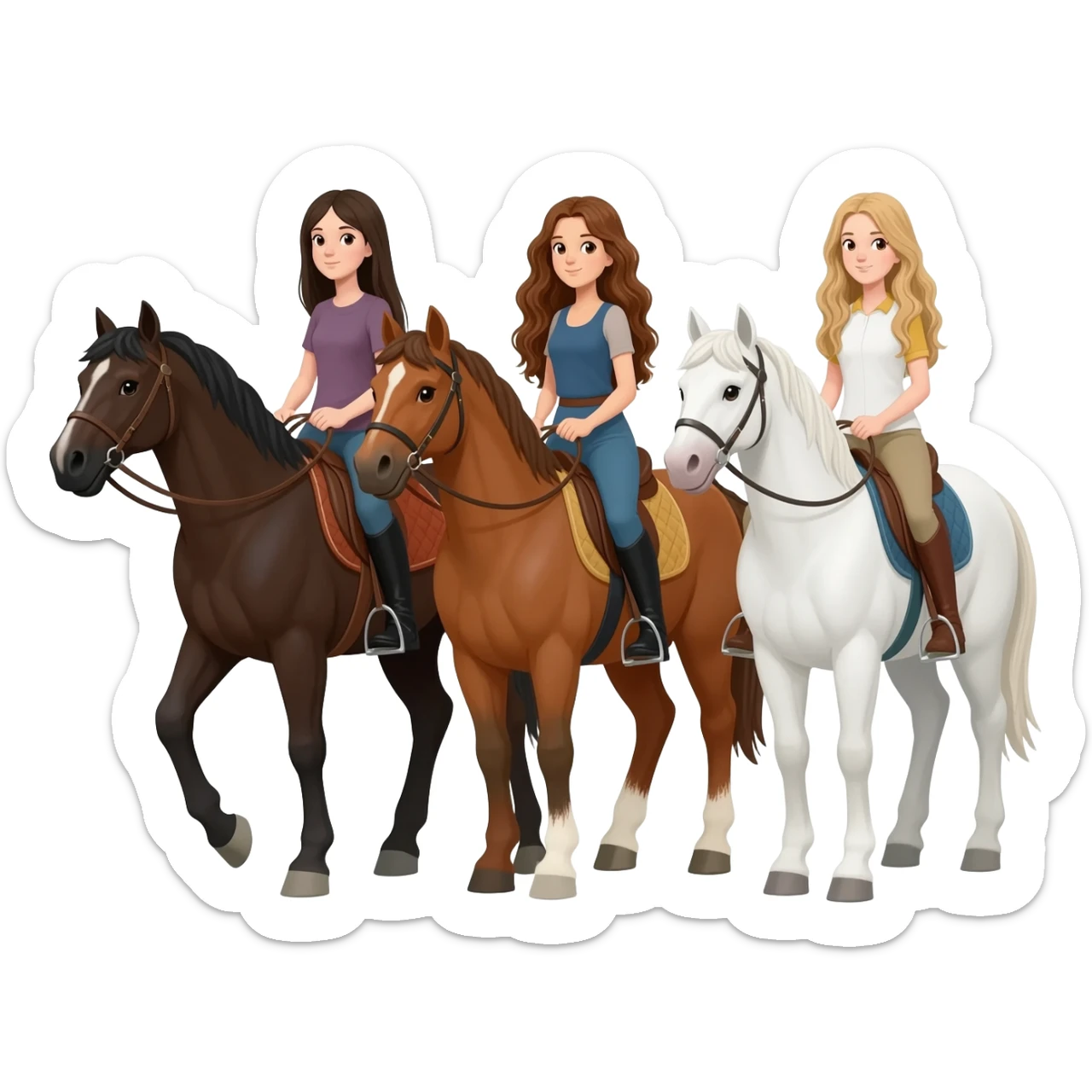 Three horses white bay and sorrel with three riders on the bay horse a girl with dark straight hair on the sorrel horse a girl with wavy brown hair and on the white horse a girl with sandy hair sticker
