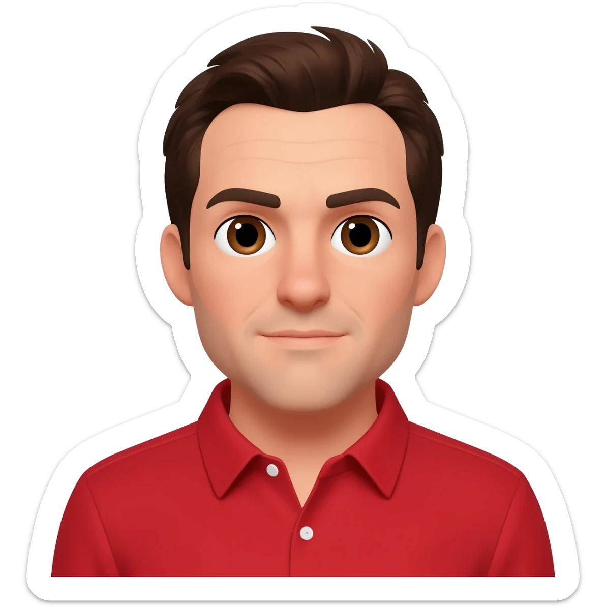 Kevin Miles as Jake from State Farm with brown eyes, dark brown hair, red shirt sticker