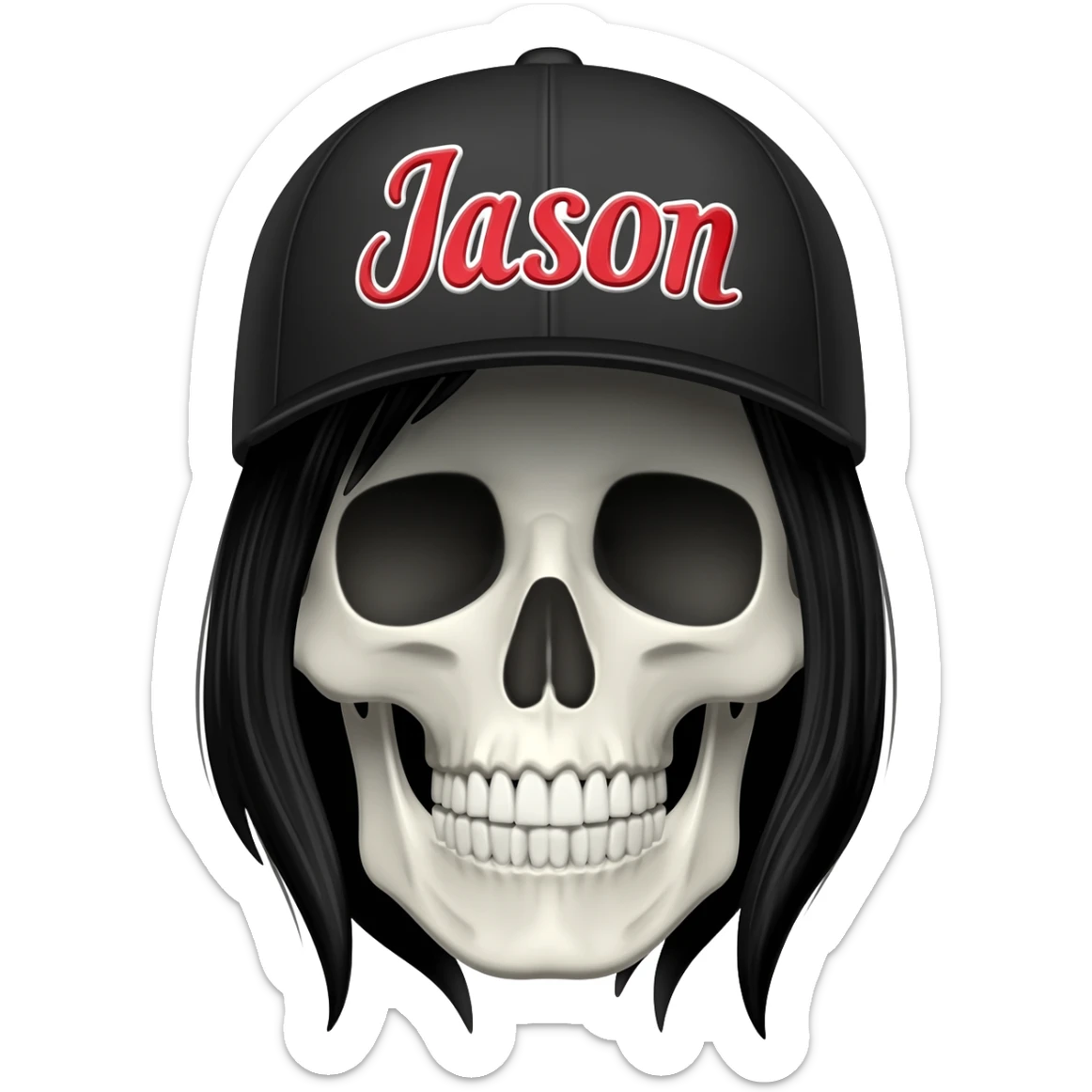 Create a skeleton head wearing a black baseball cap that says " Jason " in red, and white lettering, with black hair sticker