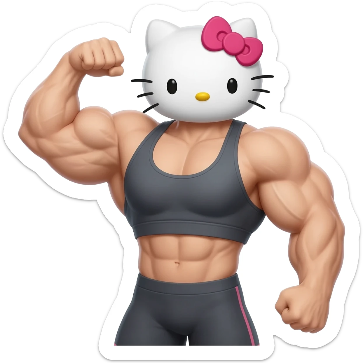 Hello kitty with massive muscles wearing sports bra. She should flex one arm. Only show her top half. White skin the same colour as her face. sticker